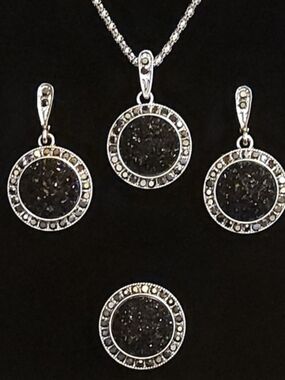 Silver And Black Druzy Circle Jewelry Set